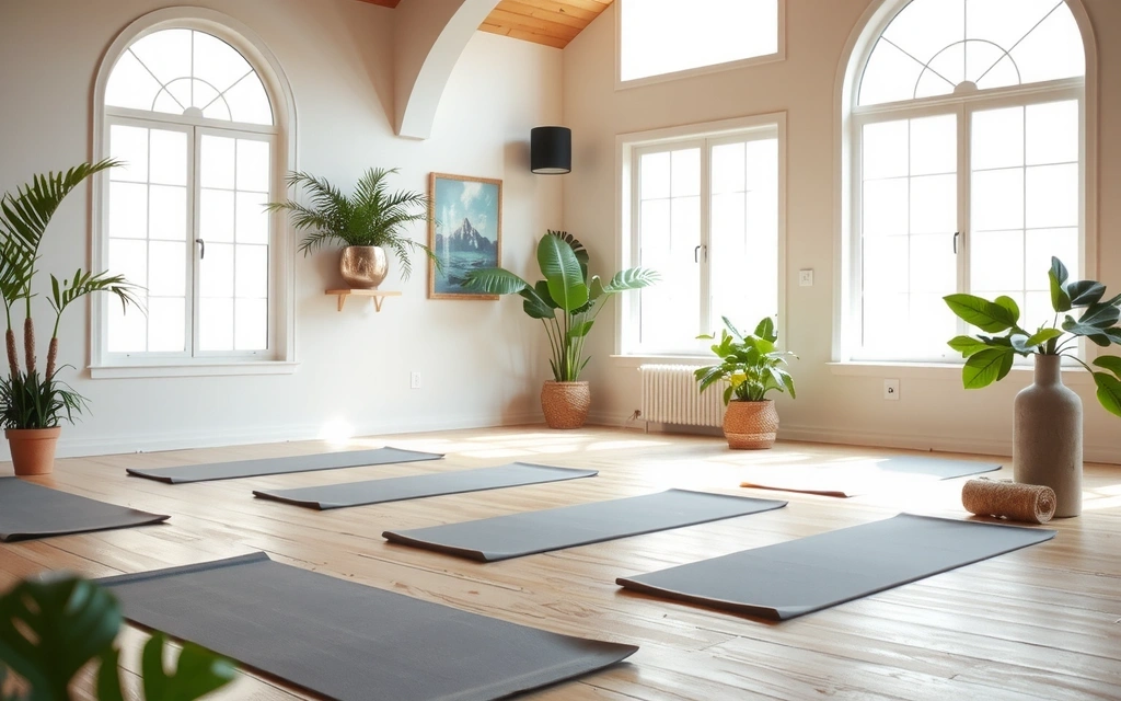 Yoga studio interior with natural light and plants, creating a tranquil atmosphere