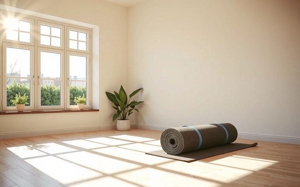 A serene yoga studio interior with soft lighting and natural elements, inviting and peaceful.