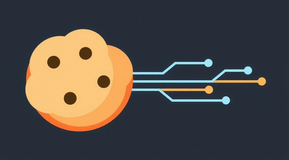 Illustration of a cookie icon with digital data streams
