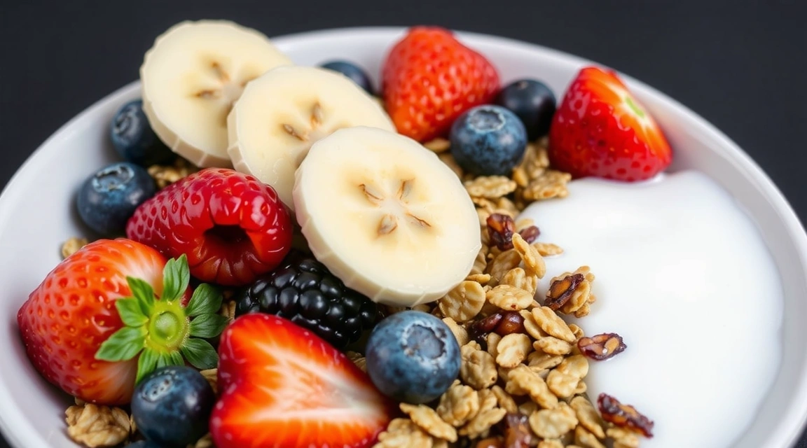 Healthy breakfast with fruit, nuts, and yogurt