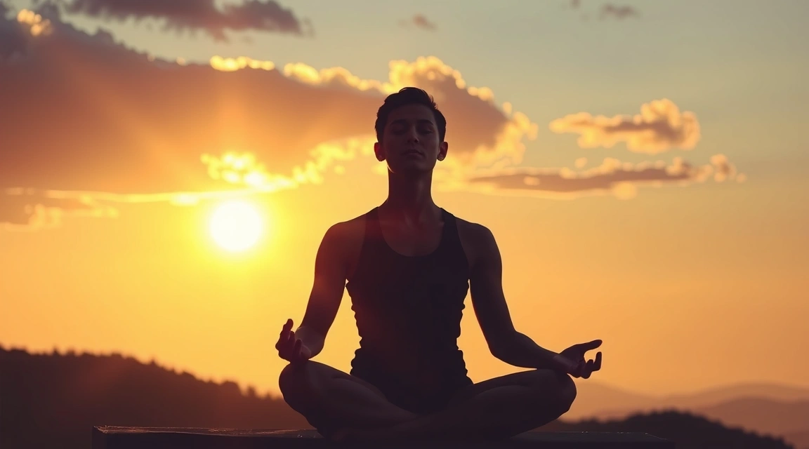 Yoga practitioner meditating at sunset