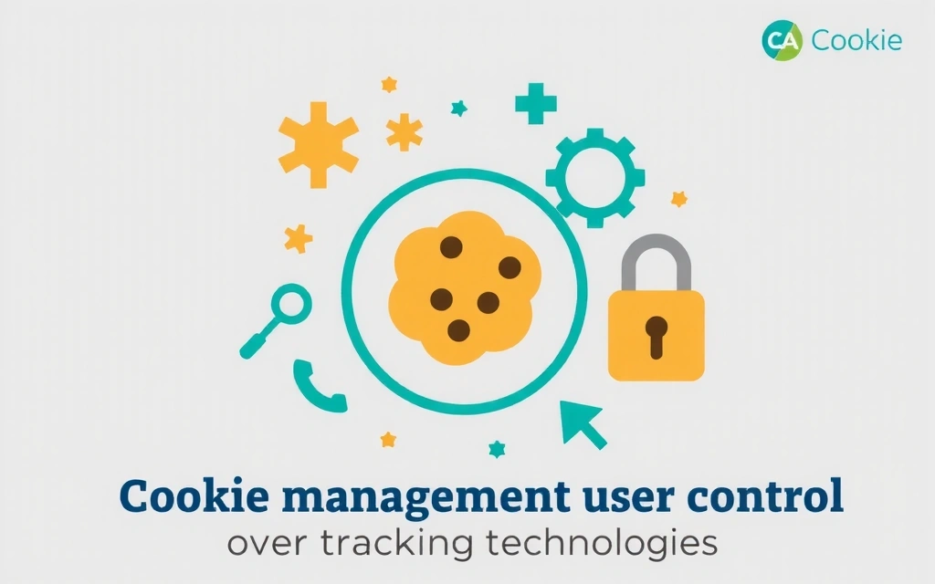 A stylized cookie icon surrounded by various digital elements and a shield, symbolizing cookie management and privacy controls.
