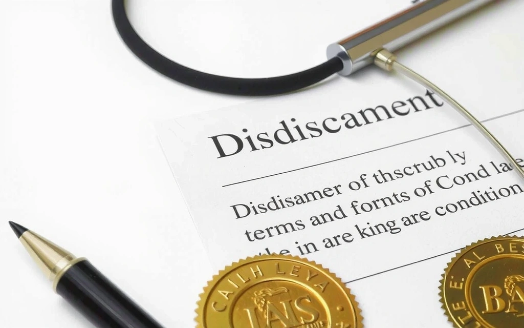 A legal document with a stamp, symbolizing disclaimers and liability waivers
